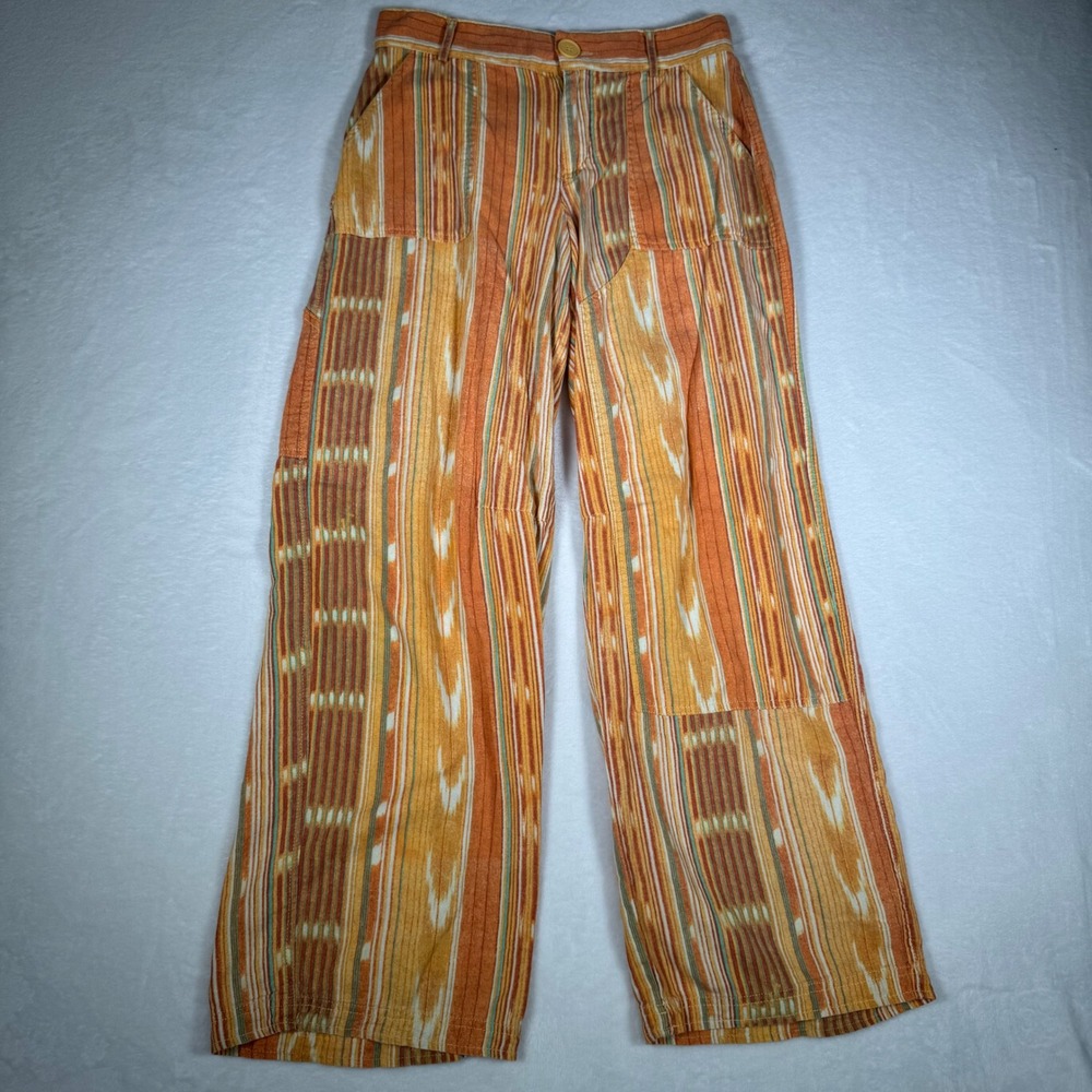 BDG Urban Outfitters Orange Ikat Stripe Wide Leg Carpenter Pants Linen Blend 2 - Picture 2 of 11